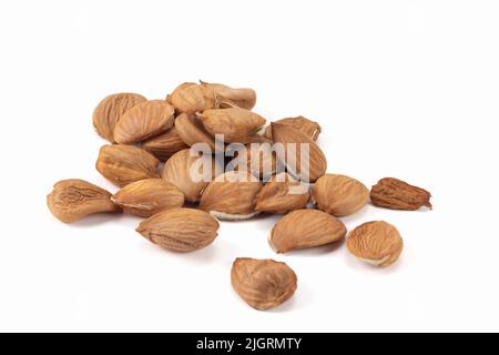 Peeled apricot kernels on bright background. Close up view. Stock Photo