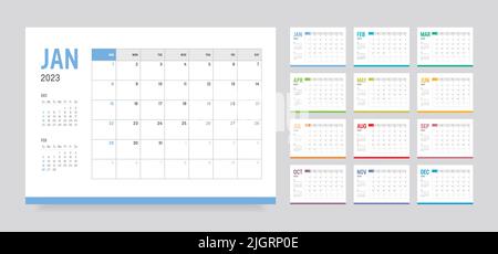Year 2023 monthly desk calendar. Week starts Sunday. Vector template. Stock Vector