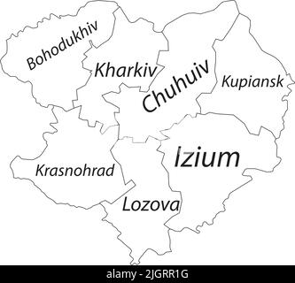 White tagged map of raions of the KHARKIV OBLAST, UKRAINE Stock Vector