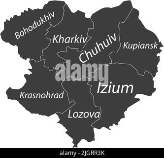 Dark gray tagged map of raions of the KHARKIV OBLAST, UKRAINE Stock Vector