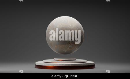 Sphere of marble with wavy gold streaks floating over a pedestal. Abstract background. Digital 3D rendering. Stock Photo