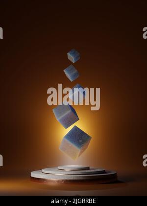 Cubes of blue marble with wavy gold streaks floating over a pedestal. Abstract background. Digital 3D rendering. Stock Photo