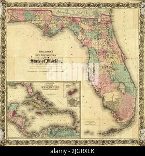 Township Map of the State of Florida, inset showing West Indies, 1873, by G. W. and C. B. Colton Stock Photo