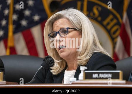Washington, United States. 12th July, 2022. United States Representative Liz Cheney, R-WY., speaks during the House select committee investigating the Jan. 6 attack on the U.S. Capitol's seventh public hearing at the U.S. Capitol in Washington, DC on Tuesday, July 12, 2022. Photo by Ken Cedeno/UPI Credit: UPI/Alamy Live News Stock Photo