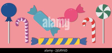 A set of lollipops and candies in a flat style. Sweet lollipop. Caramel on a stick. Colorful set of sweets. Colored vector illustration collection. Stock Vector
