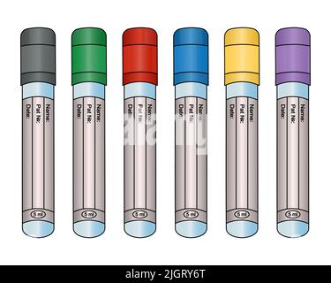 Collection of empty test tubes with colorful caps for blood tests of patients in cartoon style Stock Vector