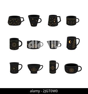 Set of black cups with symbols of cosmos tarot and astrology. Stock Vector