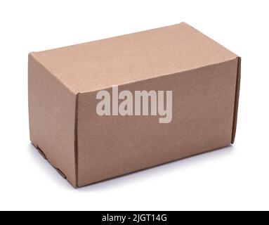 Closed Brown Rectangle Cardboard Box Cut Out on White. Stock Photo