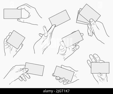 Collection with hands holding various paper notes. Stock Vector