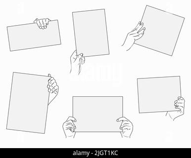 Set of female hands holding blank piece of paper. Stock Vector