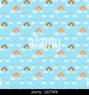Kids kawaii collection with rainbow and stars. Vector drawing on a colored background.  Stock Vector