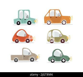 Set of different cute car icons, kids illustration for boys, safety on the road. Flat cartoon electric cars naive design. Vector isolated on white bac Stock Vector