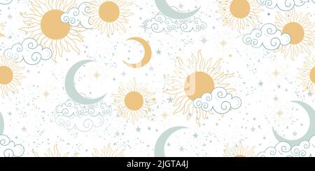Pastel pattern with moon, sun, clouds. Flat vector seamless space ornament for white fabric, scrapbooking design, astrological background. Modern vect Stock Vector