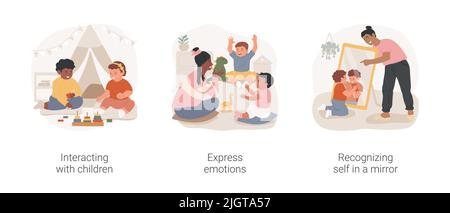 Social interaction in daycare center isolated cartoon vector illustration set. Early education, interacting with diverse children, express emotions, recognizing self in a mirror vector cartoon. Stock Vector