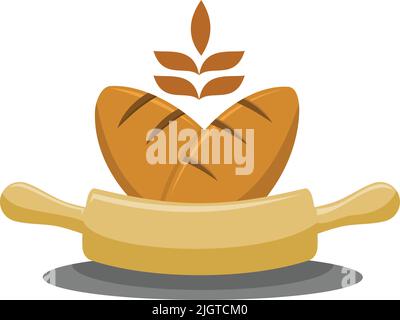 Bakery with wheat and wood rolling pin logo Icon Illustration Brand Identity Stock Vector