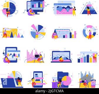 Data analysis flat set of isolated icons of documents people with various graphs and linear charts vector illustration Stock Vector