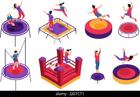 Isometric trampoline jumping set of isolated icons with bouncy houses of various shape with jumping kids vector illustration Stock Vector