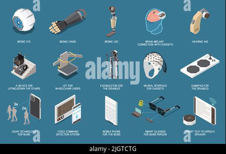 Set of isolated technology for disabled people icons with isolated images of bionic limbs and microchips vector illustration Stock Vector