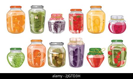 Homemade canned food colored set of closed jars with jam compote and pickles vegetables isolated vector illustration Stock Vector