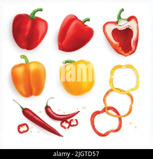Pepper realistic set with isolated icons of red and yellow pepper fruits with ring shaped slices vector illustration Stock Vector