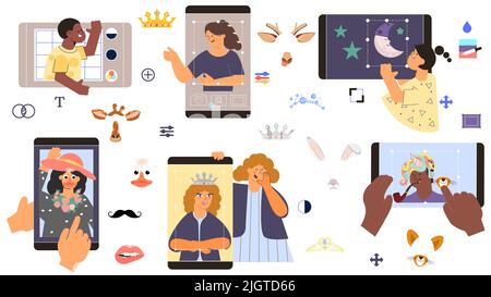 Photo edit instrument set with flat isolated icons of doodle stickers and smartphone screens with hands vector illustration Stock Vector