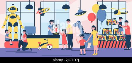 Toy store flat composition with indoor scenery of child store with shop assistants kids and adults vector illustration Stock Vector