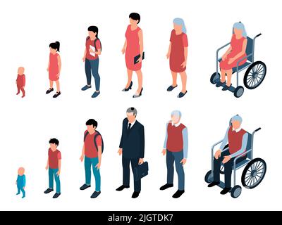 Human generations isometric set of men and women life cycles from newborn to elderly age isolated vector illustration Stock Vector