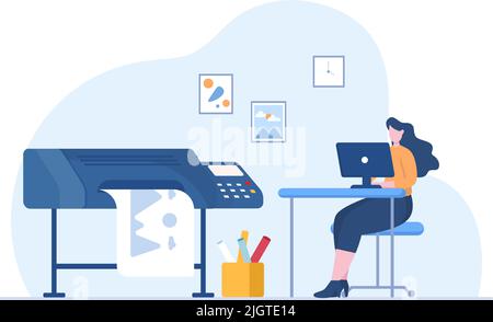 Print Shop Illustration with Production Process at Printing House and Machines for Operating big File Printers in Flat Style Cartoon Stock Vector
