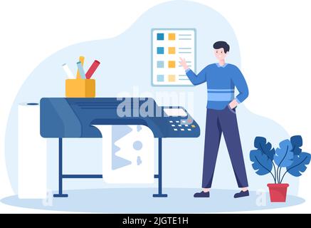 Print Shop Illustration with Production Process at Printing House and Machines for Operating big File Printers in Flat Style Cartoon Stock Vector