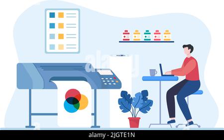 Print Shop Illustration with Production Process at Printing House and Machines for Operating big File Printers in Flat Style Cartoon Stock Vector