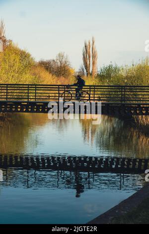 Unrecognizable person going on bike through Bridge reflection in river mirror water. Nature background. Bridge over the river in the city park surrounded by green trees with reflection in the water Stock Photo