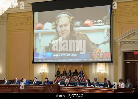 Washington, DC, USA, July, 12, 2022. Steve Bannon, former White House advisor to former President Donald Trumpis seen on a video screen during a public hearing of the U.S. House Select Committee to investigate the January 6 Attack on the U.S. Capitol, on Capitol Hill in Washington, DC, USA, July 12, 2022. Photo by Sarah Silbiger/Pool/ABACAPRESS.COM Stock Photo