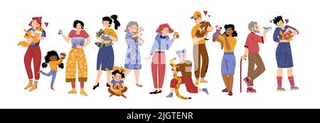 People with pets, male and female characters spend time with their home animals hedgehog, raccoon, hamster and snake, fish, rabbit, parrot, turtle, lizard and parrot Line art flat vector illustration Stock Vector