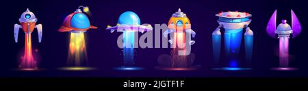 Alien spaceship game icons vector set. Funny flying rockets, ufo shuttles cartoon collection illustrations isolated on white background. Fantasy cosmic objects, computer game graphic design elements Stock Vector