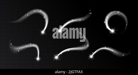 Magic spiral, twist effect with stars and sparkles. White swirl of wand isolated on black background. Magician spell, wizard, fairy light, shiny lightnings trace Realistic 3d Vector illustration Stock Vector