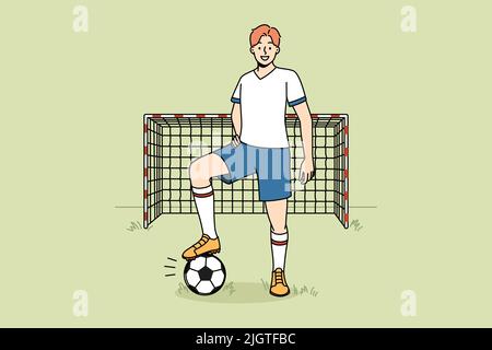 Smiling goalkeeper in uniform standing on field. Happy man player with ball playing football outdoors. Sport and hobby. Vector illustration.  Stock Vector