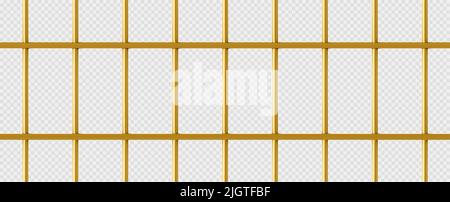 Gold cage, jail with golden metal bars. Realistic prison fence, grates, metallic rods. Criminal grid pattern, jailhouse or birdcage isolated on transparent background. 3d vector Illustration Stock Vector