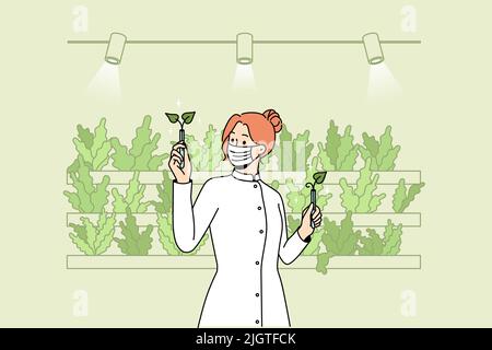 Scientist in uniform working with plants in greenhouse. Woman planting vegetables with aquaponics system at eco farm. Vector illustration.  Stock Vector