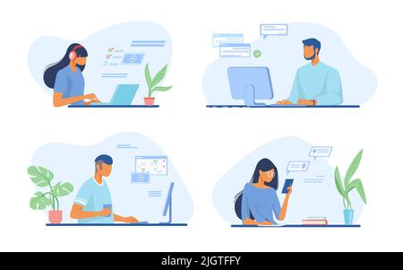 People using online apps set. Professionals using computers and cellphones for work or chat. Flat vector illustrations. Internet communication concept Stock Photo