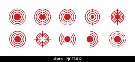 Pain point icons set. Pain red circles mark. Target spot symbols for medical design. Concept killer for headaches, abdominal aches. Editable stroke Stock Vector