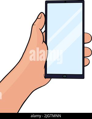 Hand holding smartphone, empty screen with shadow, mobile phone mockup, application on touch screen device. Person using mobile phone vector illustration. Stock Vector