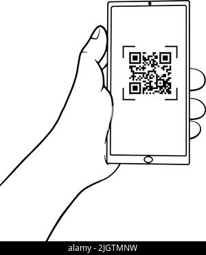Hand holding a mobile phone with QR code on the screen. QR code scanning in smartphone in line style. Barcode scanner for pay, web, app, promo. Vector illustration. Stock Vector