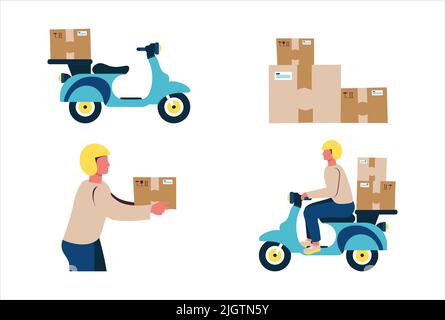 Delivery pack, boxes and delivery man with box in hand and boxes on motorcycle Stock Vector