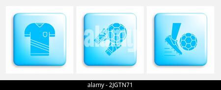 Set of square buttons with soccer sport icons. Player uniform, game moments. Element for design of web pages and interface. Vector isolated on white b Stock Vector