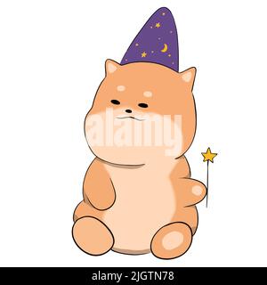 Wizard cat sits with a magic wand and a cap Stock Vector