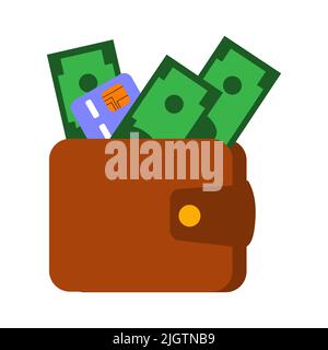 Wallet with green paper dollars, a card. Financial investments in business. Vector isolated on a white background Stock Vector