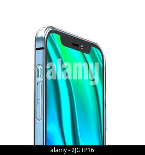 3d illustration of modern mobile phone with abstract green wallpaper in elegant design with transparent glassy phone protective case cover Stock Photo