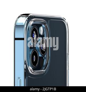 3d illustration of modern mobile phone with abstract green wallpaper with back camera lenses view elegant design with transparent glassy phone protect Stock Photo