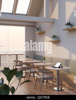 Modern minimal comfortable coffee shop or restaurant seating area interior design with wood tables and armchairs, long sofa, indoor plants and decor. Stock Photo