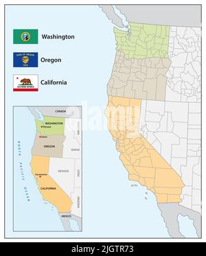 Administrative map with flags of the US American westcoast states Stock Photo